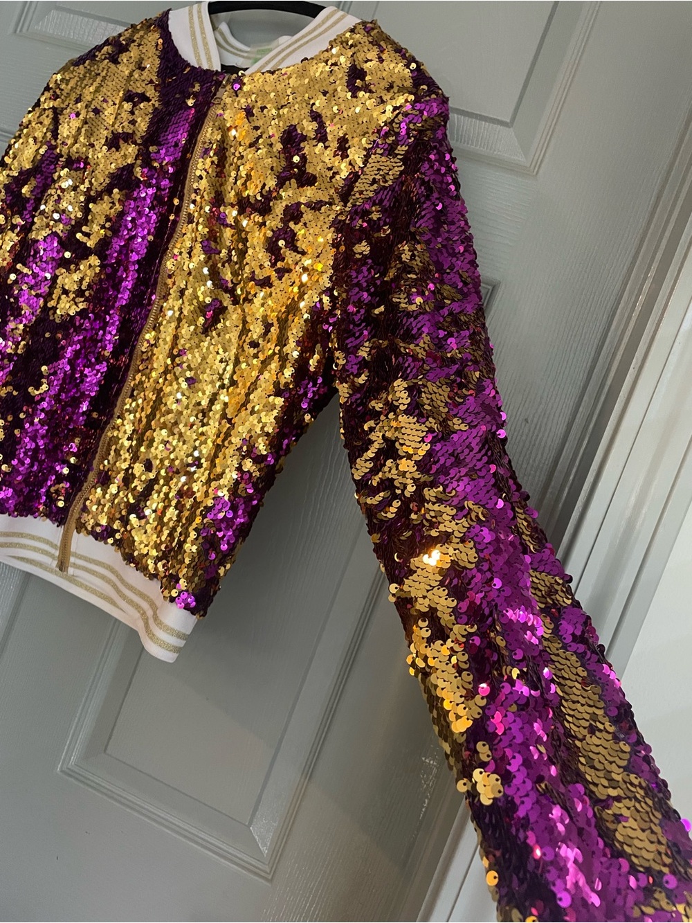 Purple & Gold Sequin Bomber Jacket - Women LSU Size L Gameday Mardi Gras - Picture 4 of 9